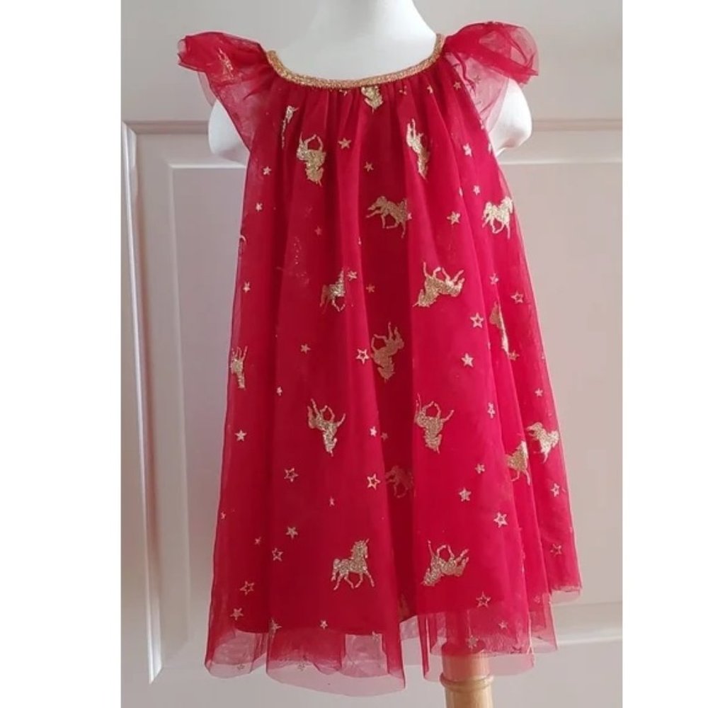 Little Girls LILT Float Party Dress Glitter Unicorns & Stars Size XS 4/5 Red NWT
